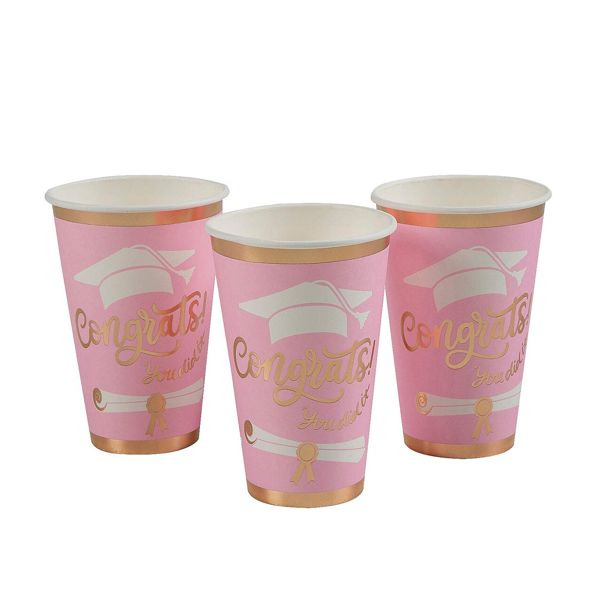 Pink Congrats Graduation Disposable Paper Cups – 12 Count (16 oz, 5.25")