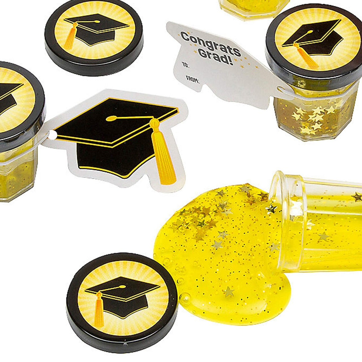 Bulk 48 Pc. Mini Gold Star Glitter Putty with Graduation Cap Card