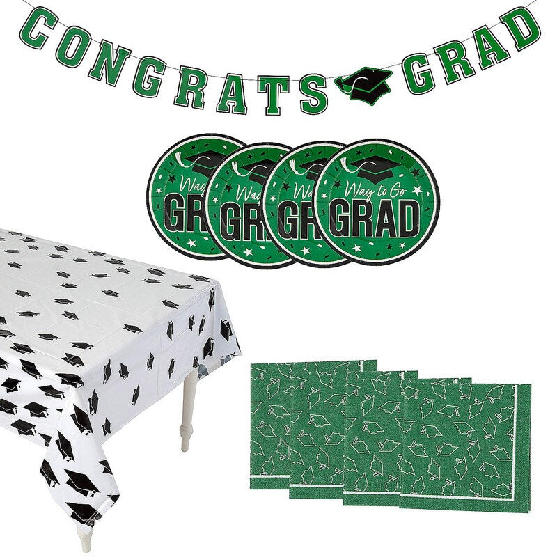 Graduation Party Green Dessert Tableware Kit 102 Pc for 50 Guests