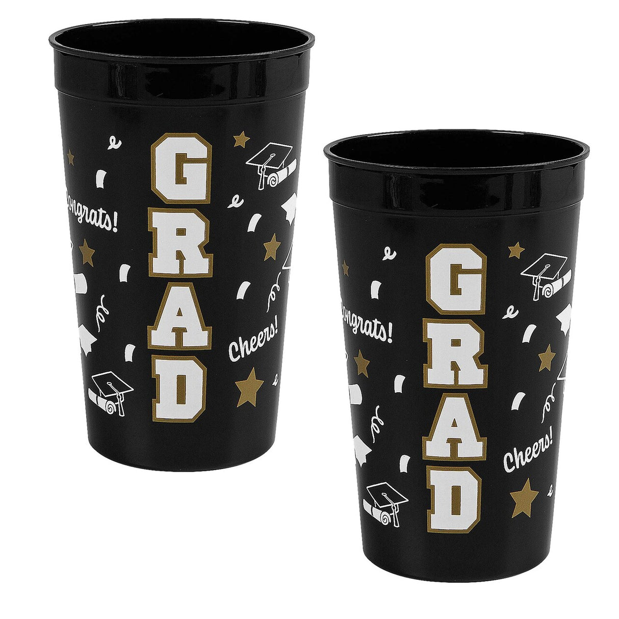 Bright Black Grad Reusable Plastic Tumblers – 12 Count (32 oz, 6.75")
