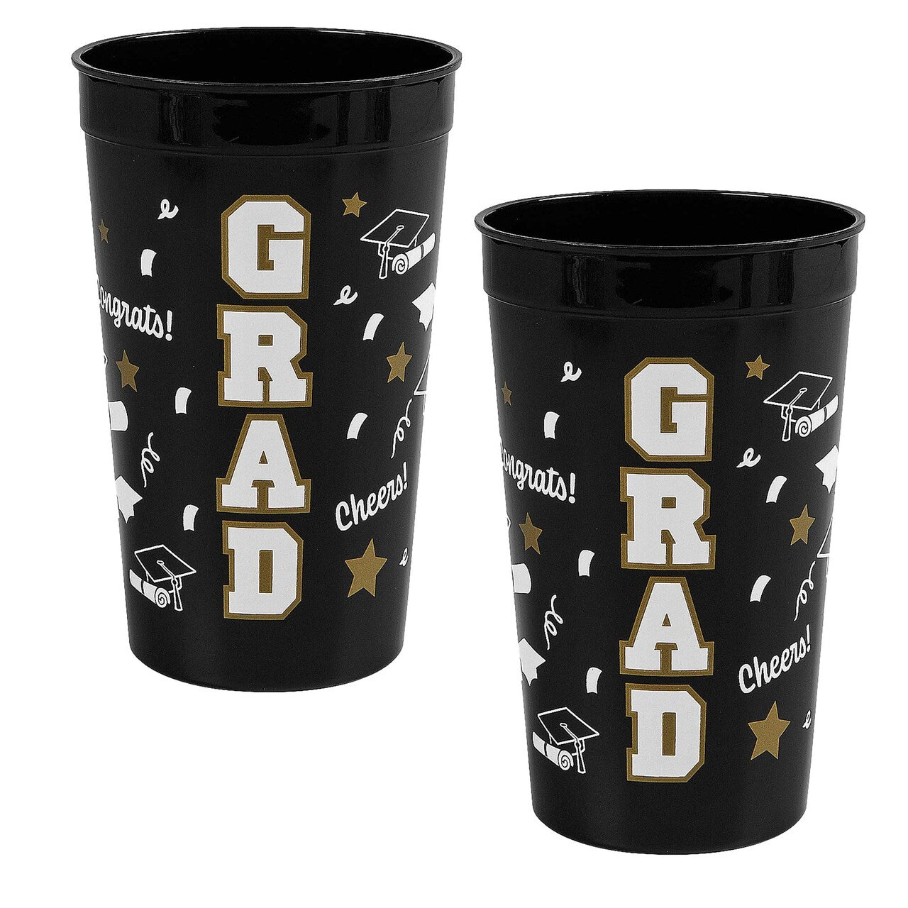 Bright Black Grad Reusable Plastic Tumblers – 12 Count (32 oz, 6.75")