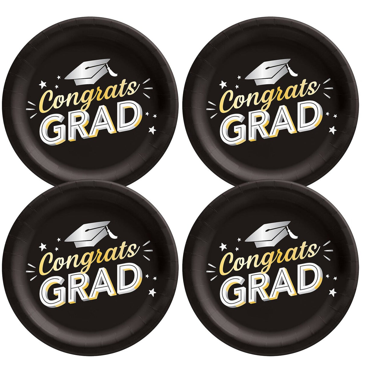 Black Congrats Grad 8 1/2" Round Disposable Dinner Plates – 8 Count