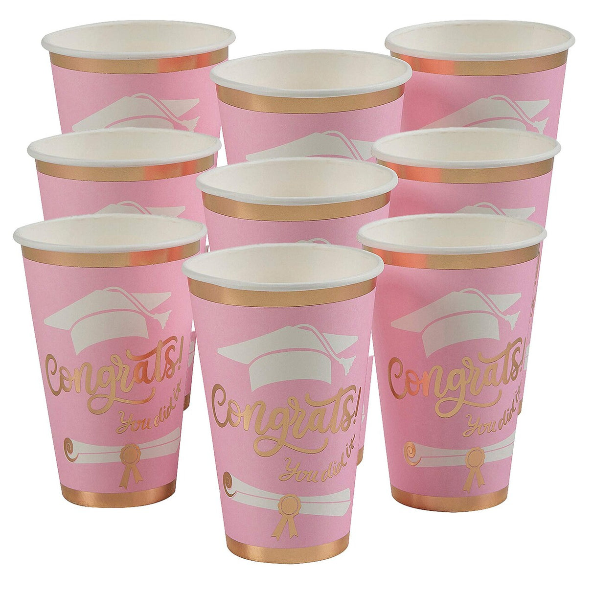 Pink Congrats Graduation Disposable Paper Cups – 12 Count (16 oz, 5.25")