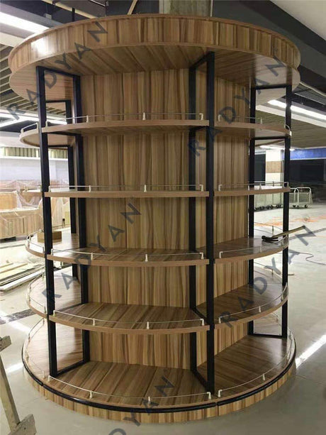 Supermarket convenience store steel and wood shelves against the wall