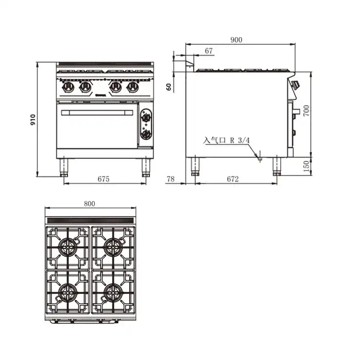 4 Burners Stove With Electric Baking Oven for Restaurant & Hotel Kitchen Solution