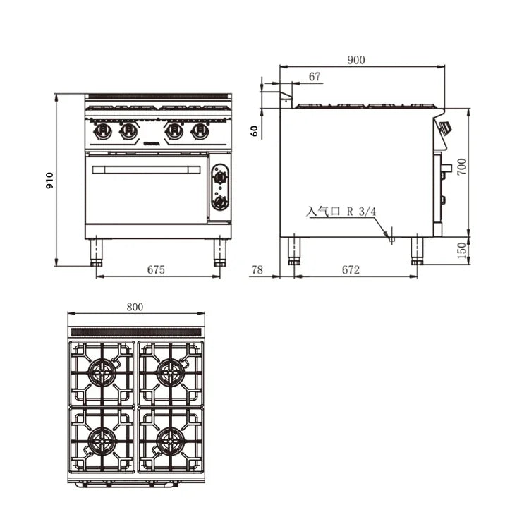 4 Burners Stove With Electric Baking Oven for Restaurant & Hotel Kitchen Solution